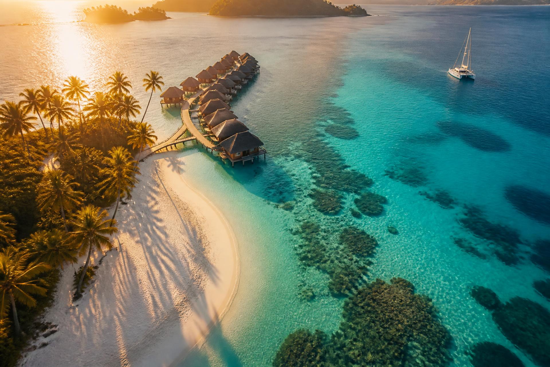 Aerial view of overwater bungalows in a turquoise lagoon at golden hour