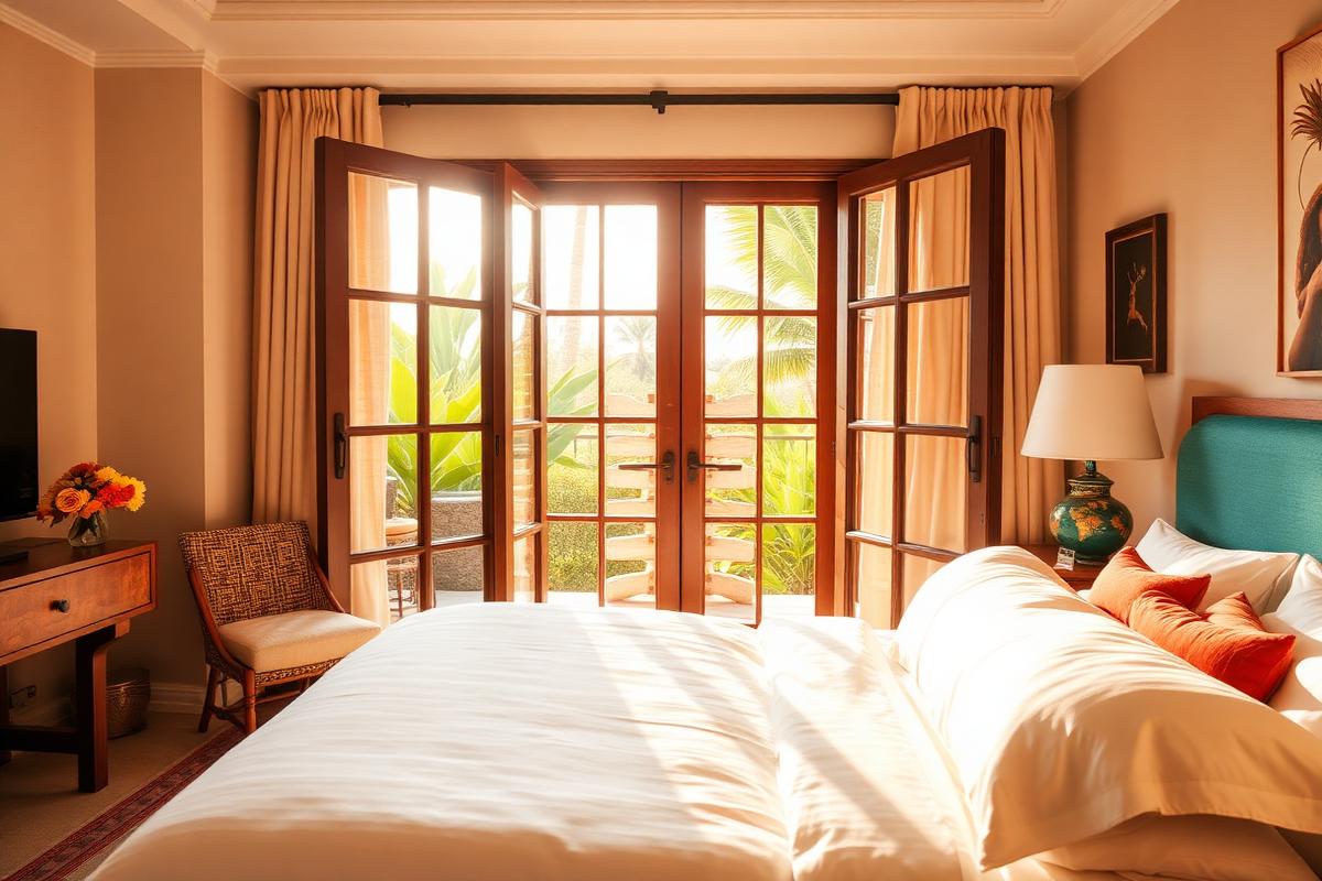 Boutique hotel room with tropical garden views